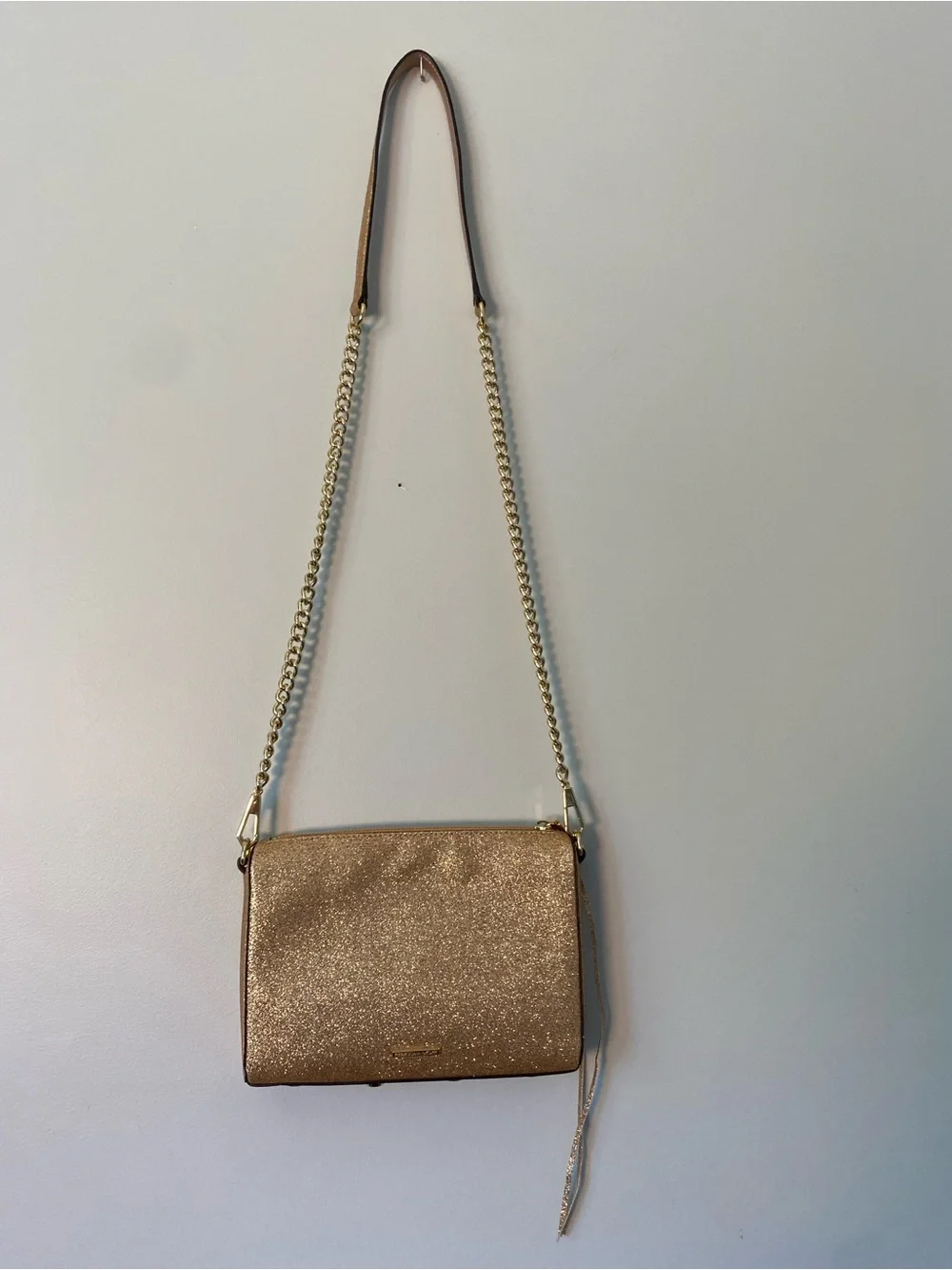 REBECCA MINKOFF LEATHER GLITTER AVERY CROSSBODY ROSE GOLD